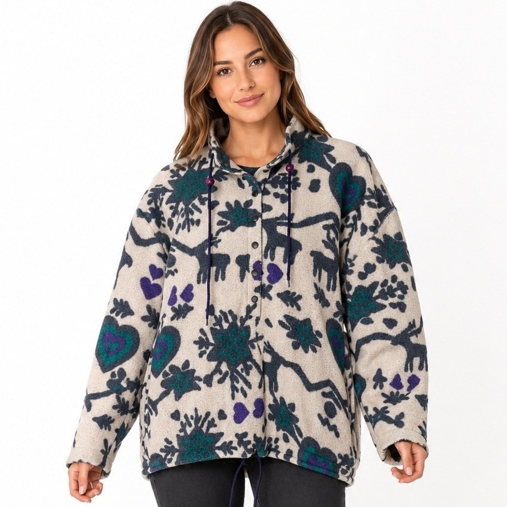 Vintage Victoria Sport Fleece Pullover Reindeer Heart Snowflake Print Large